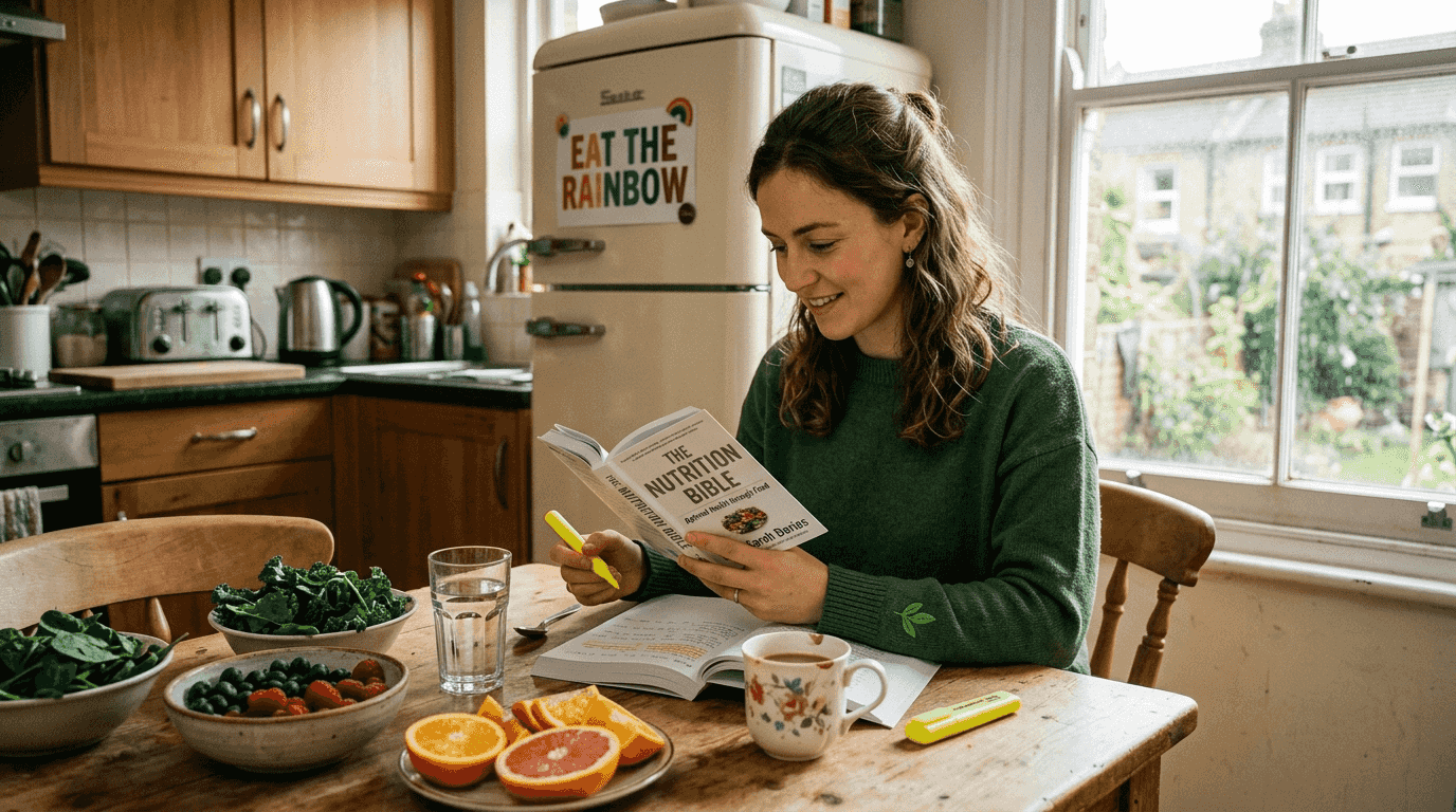 Woman reading nutrition book at kitchen table