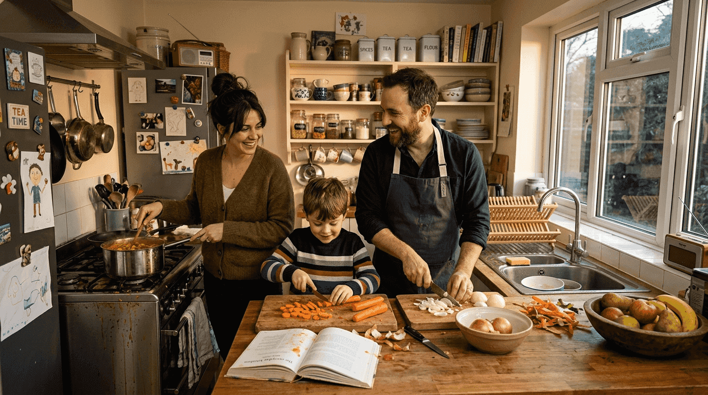 Family cooking together in home kitchen