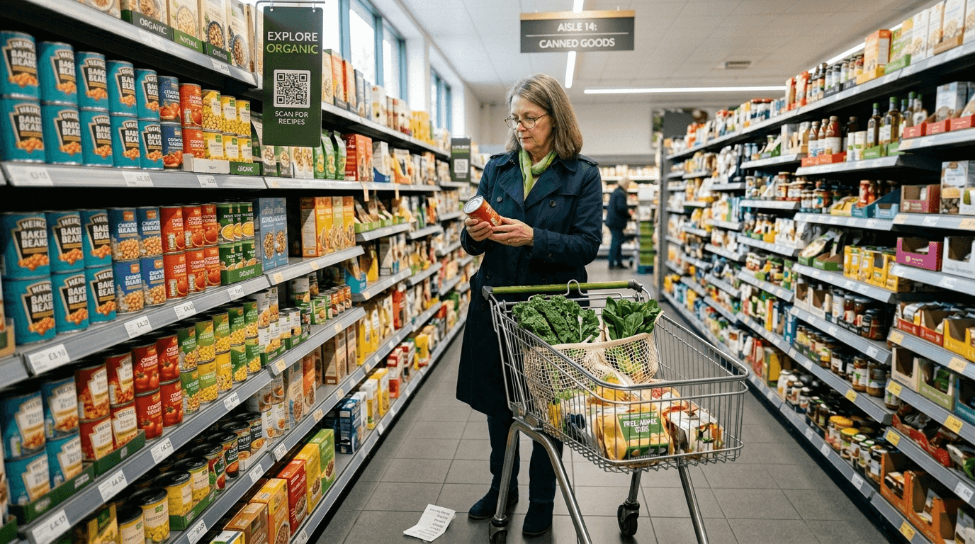 Woman reading food label in supermarket aisle