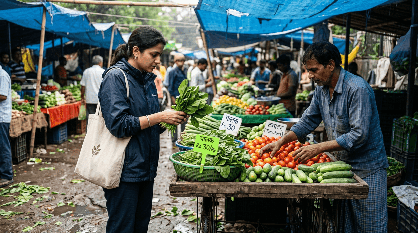 Woman at Delhi NCR vegetable market choosing greens