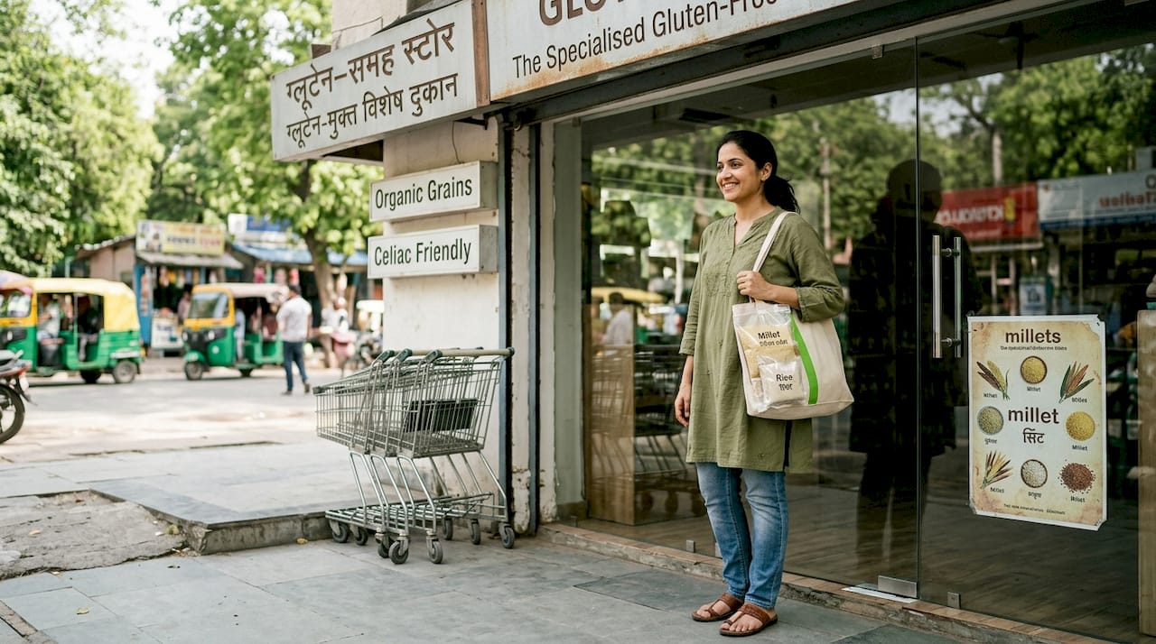 Shopper at gluten-free grocery store entrance