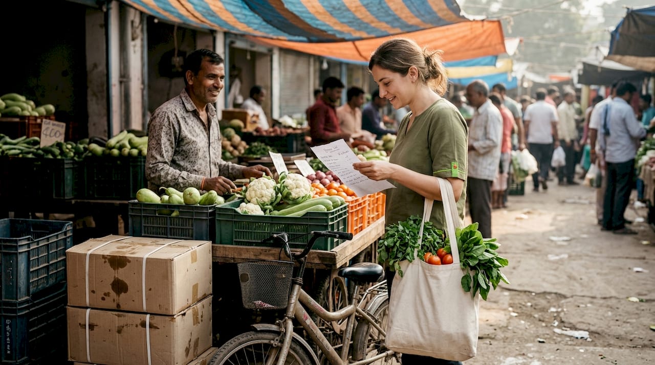 Woman shopping for organic produce in Delhi