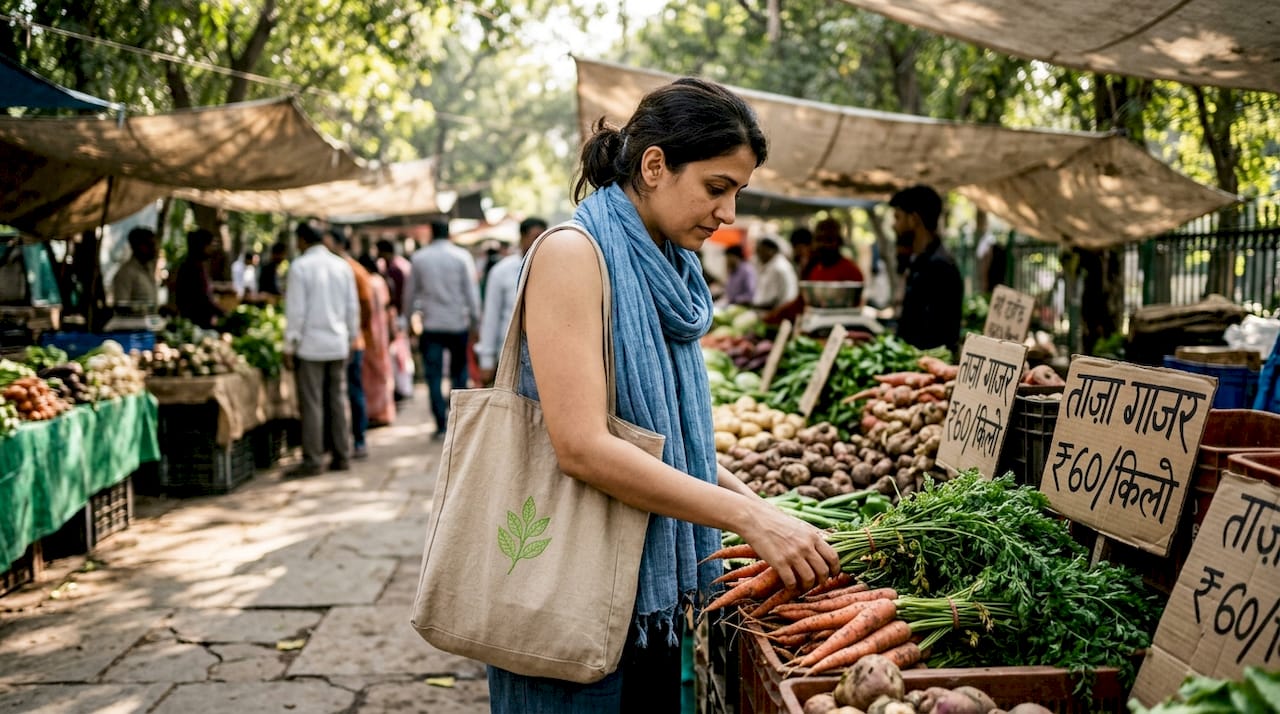 Shopper selecting carrots at Delhi farmers market
