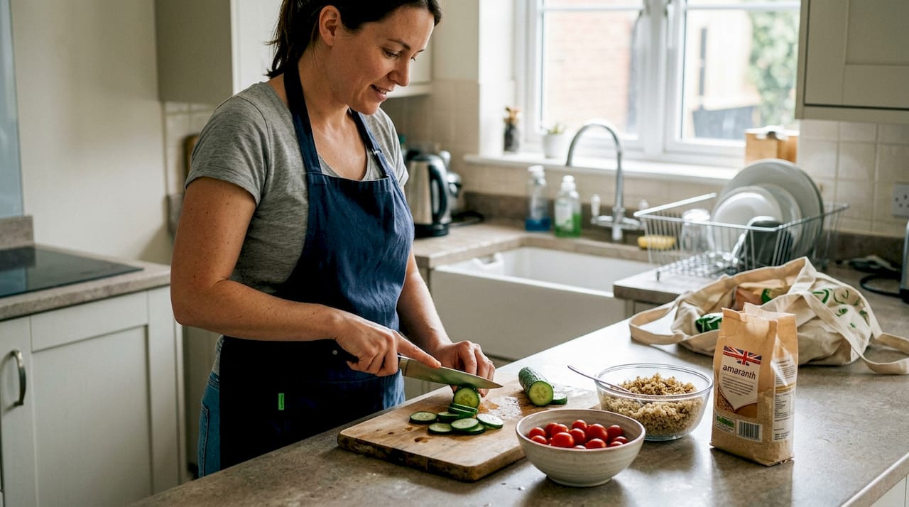 Woman preparing gluten free meal in kitchen