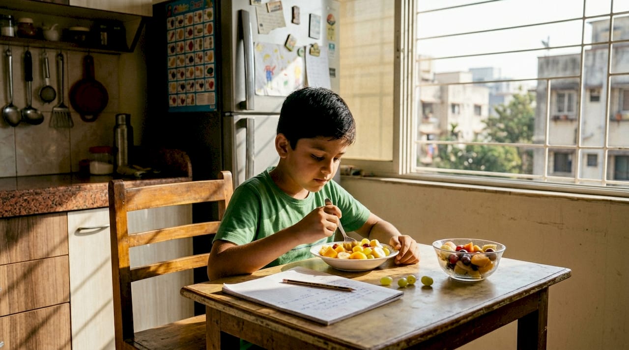 Boy eating organic meal at kitchen table