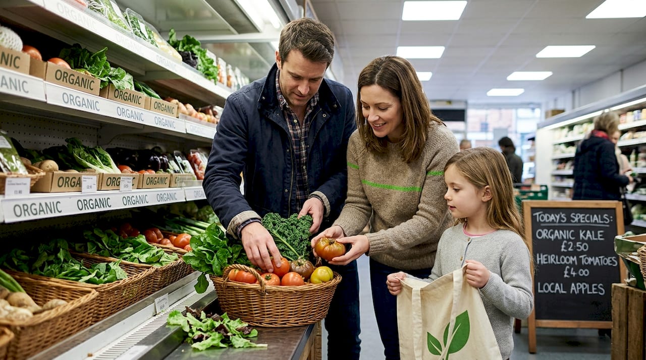 Family shopping for organic vegetables in supermarket