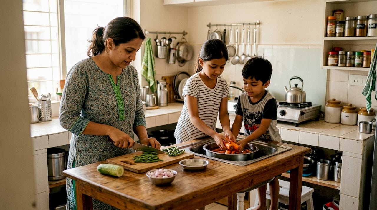 Indian family preparing fresh organic vegetables
