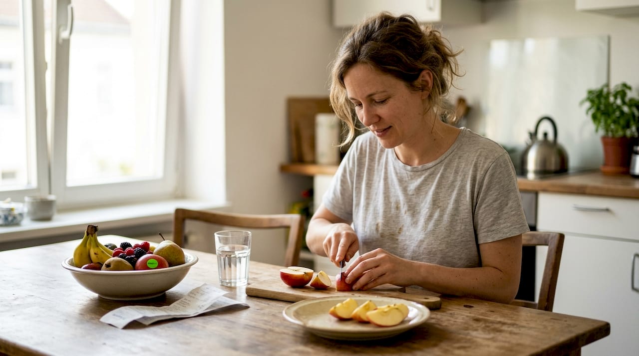 Woman preparing organic fruit salad in kitchen