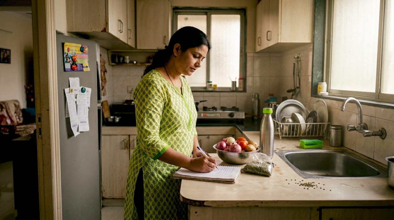 Woman making healthy grocery list in Indian kitchen