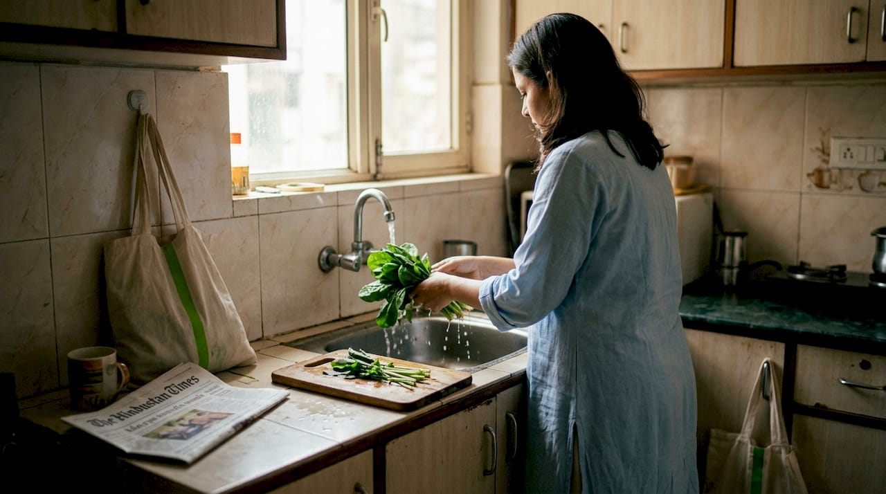Woman rinsing greens in Delhi home kitchen