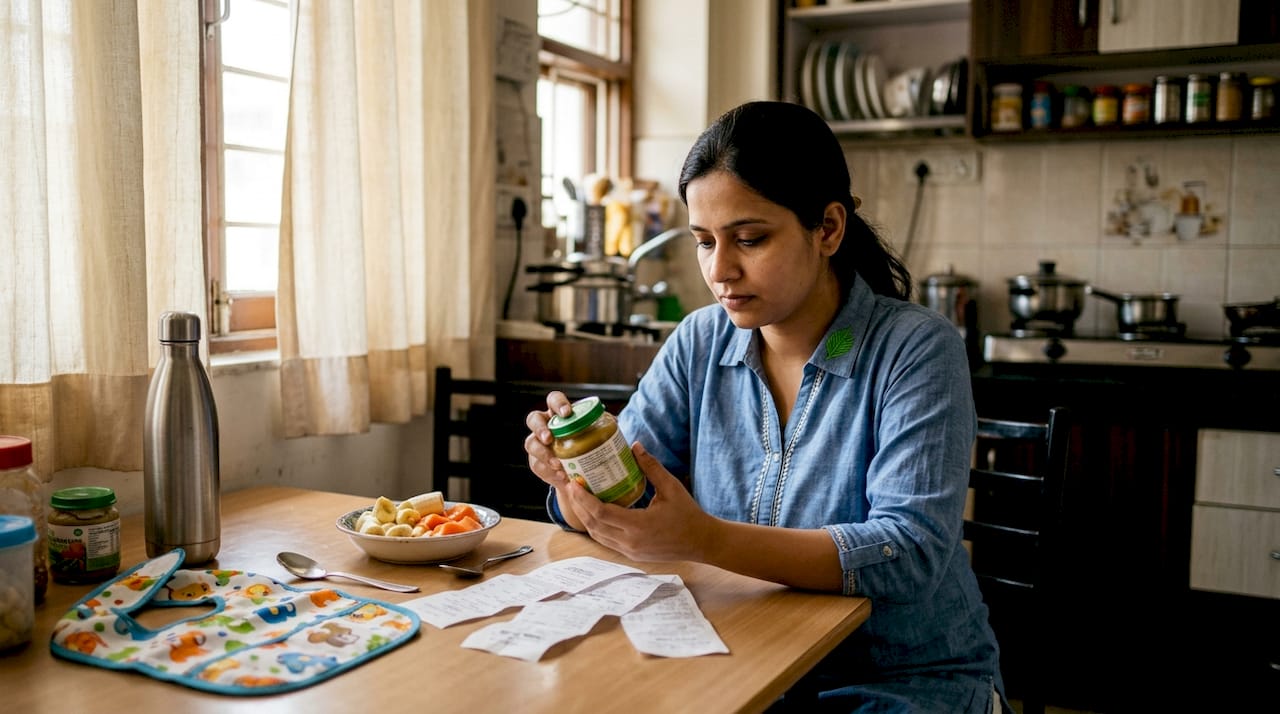 Mother reading baby food label carefully