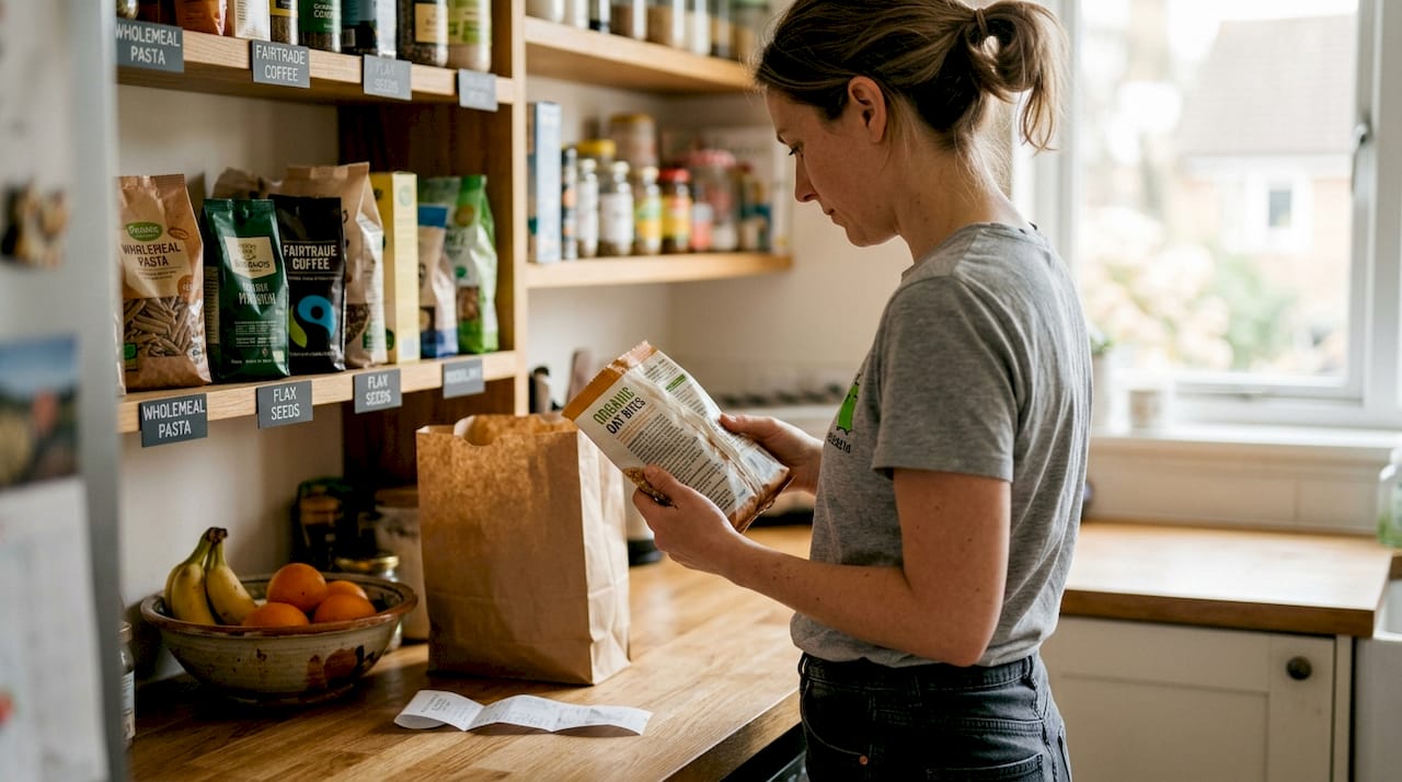 Woman reading food preservative labels in kitchen