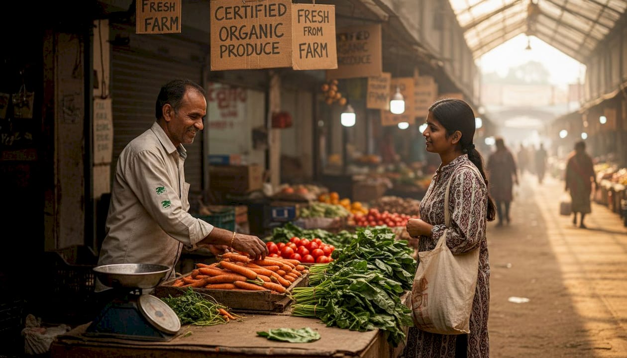 Organic produce vendor at Delhi market