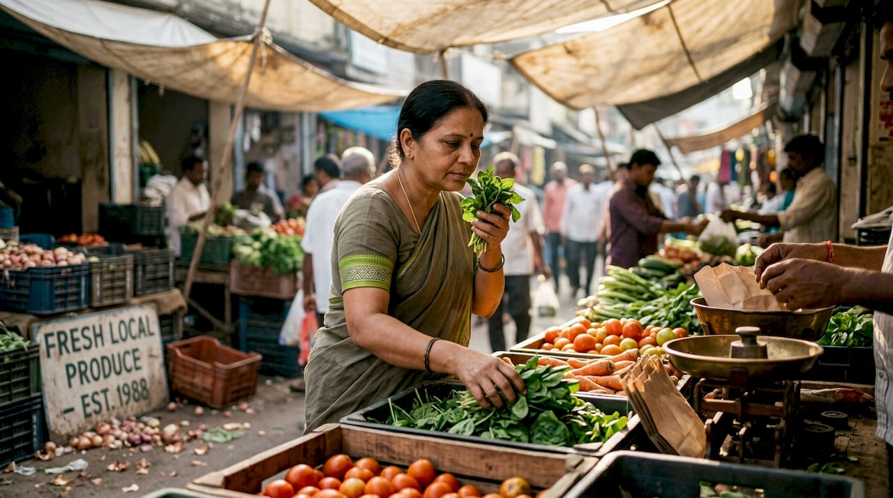 Woman inspecting produce at market stall
