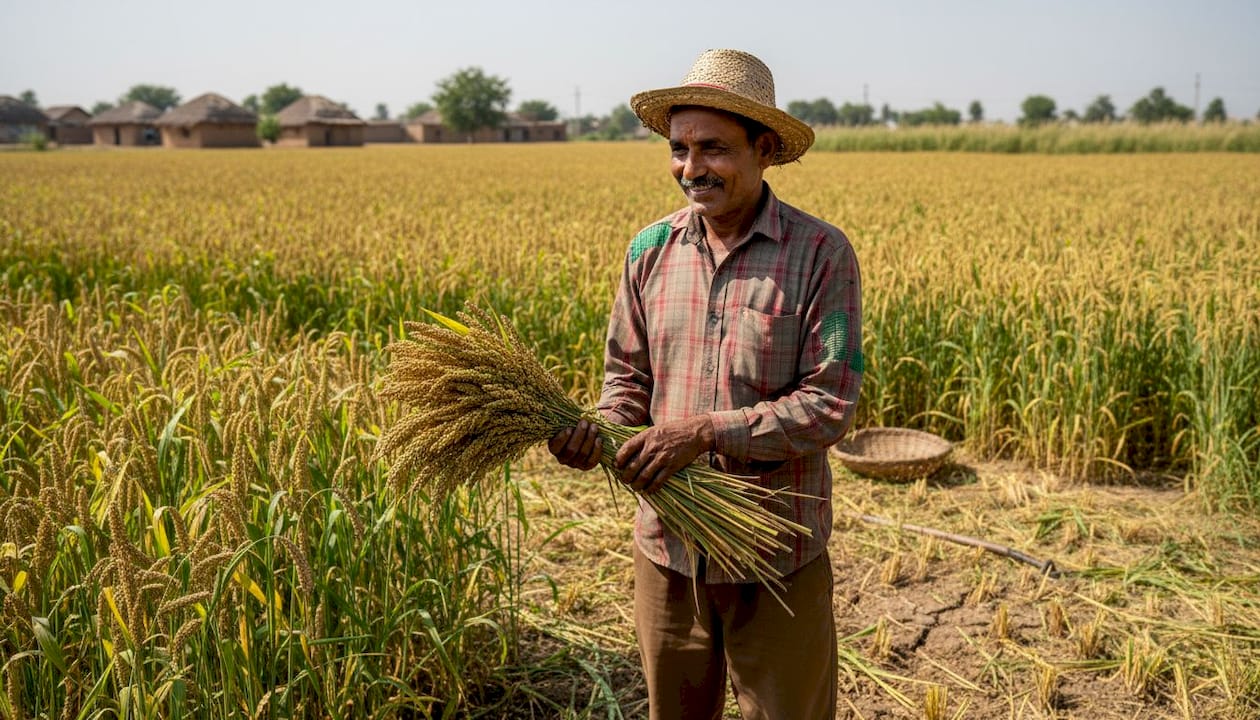 Indian farmer harvesting millet in field