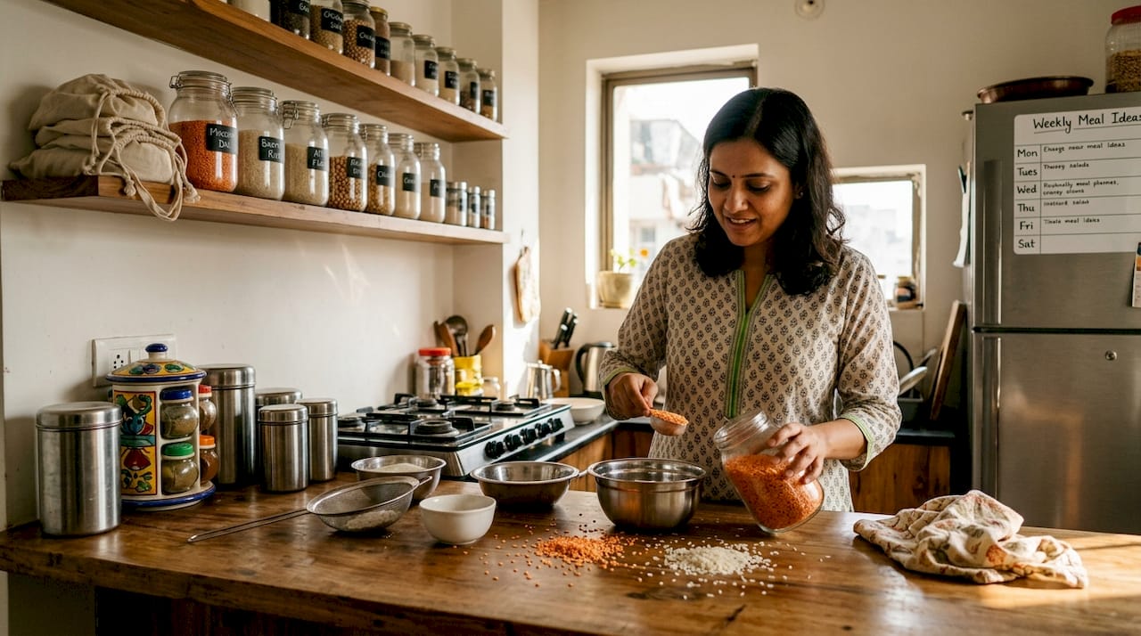 Woman cooking in a clean, organized Indian kitchen