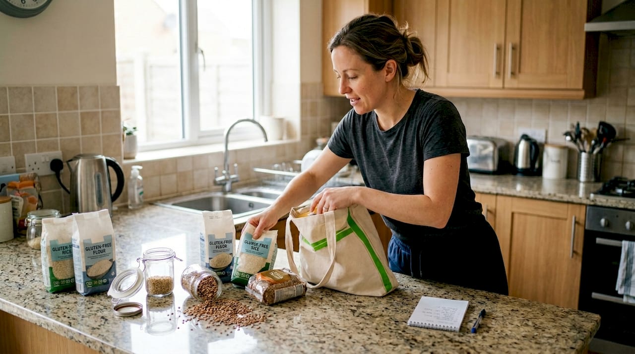 Woman sorting bulk gluten free foods in kitchen