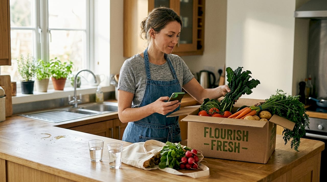 Woman unpacking fresh produce delivery kitchen