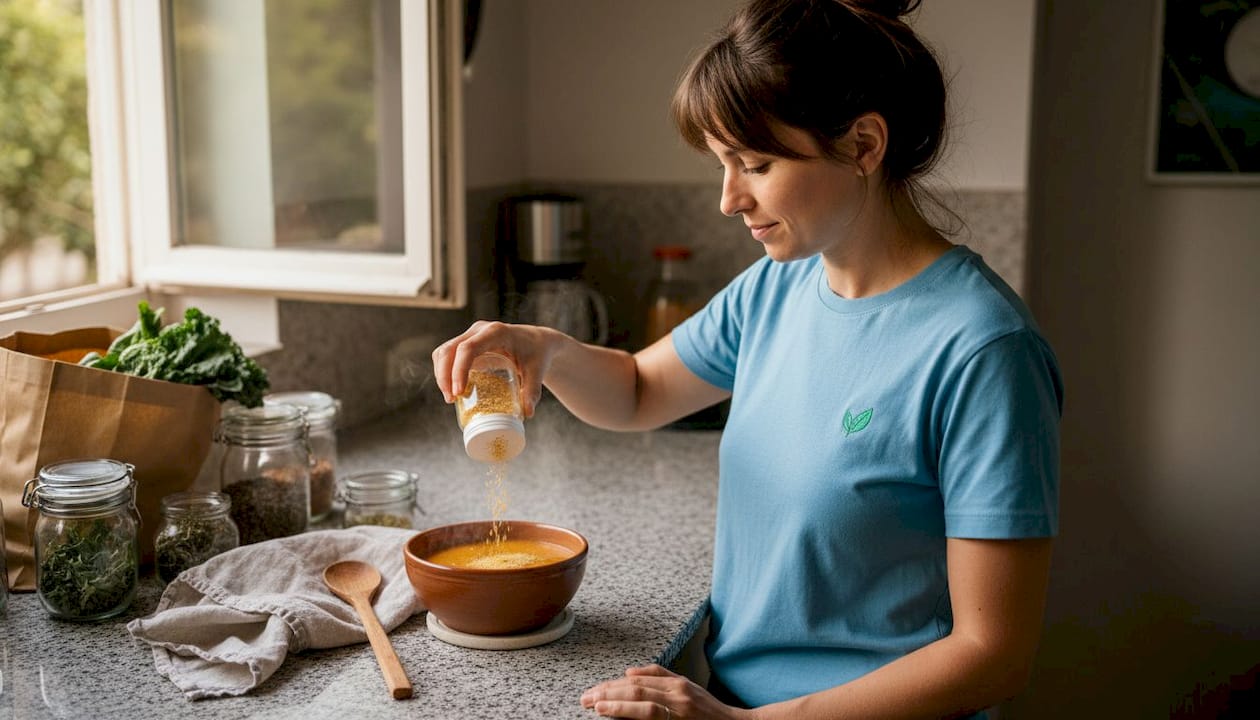 Woman adding nutritional yeast to soup in kitchen