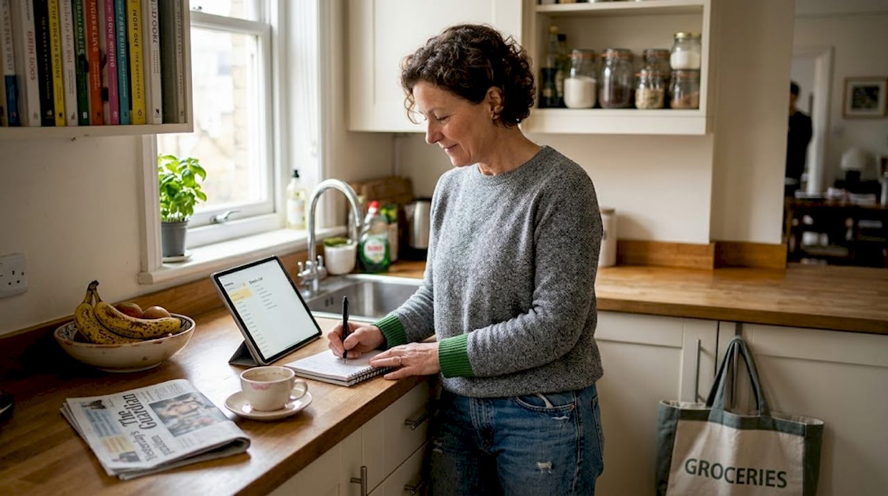 Woman making grocery list in a real kitchen