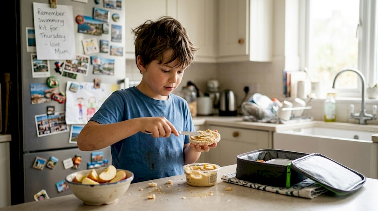 Child preparing gluten-free snack in kitchen