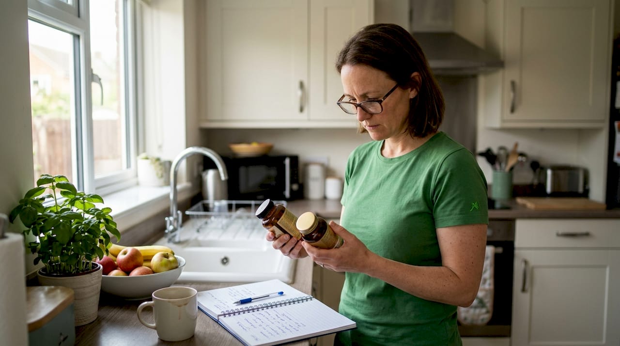 Woman examines supplement labels in kitchen