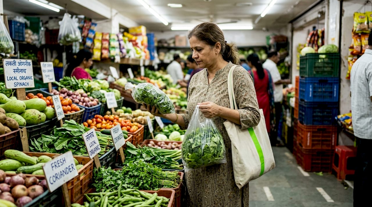 Woman choosing organic vegetables in Indian market