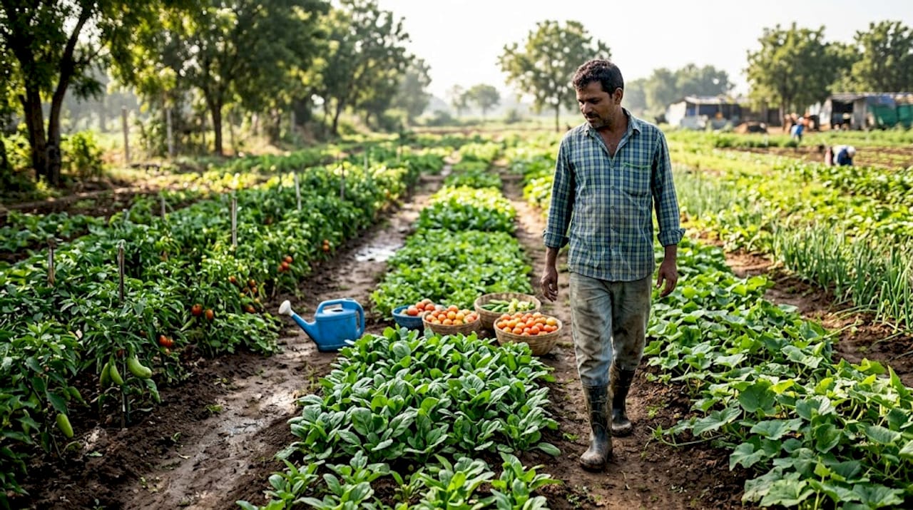 Indian farmer tending organic vegetable crops