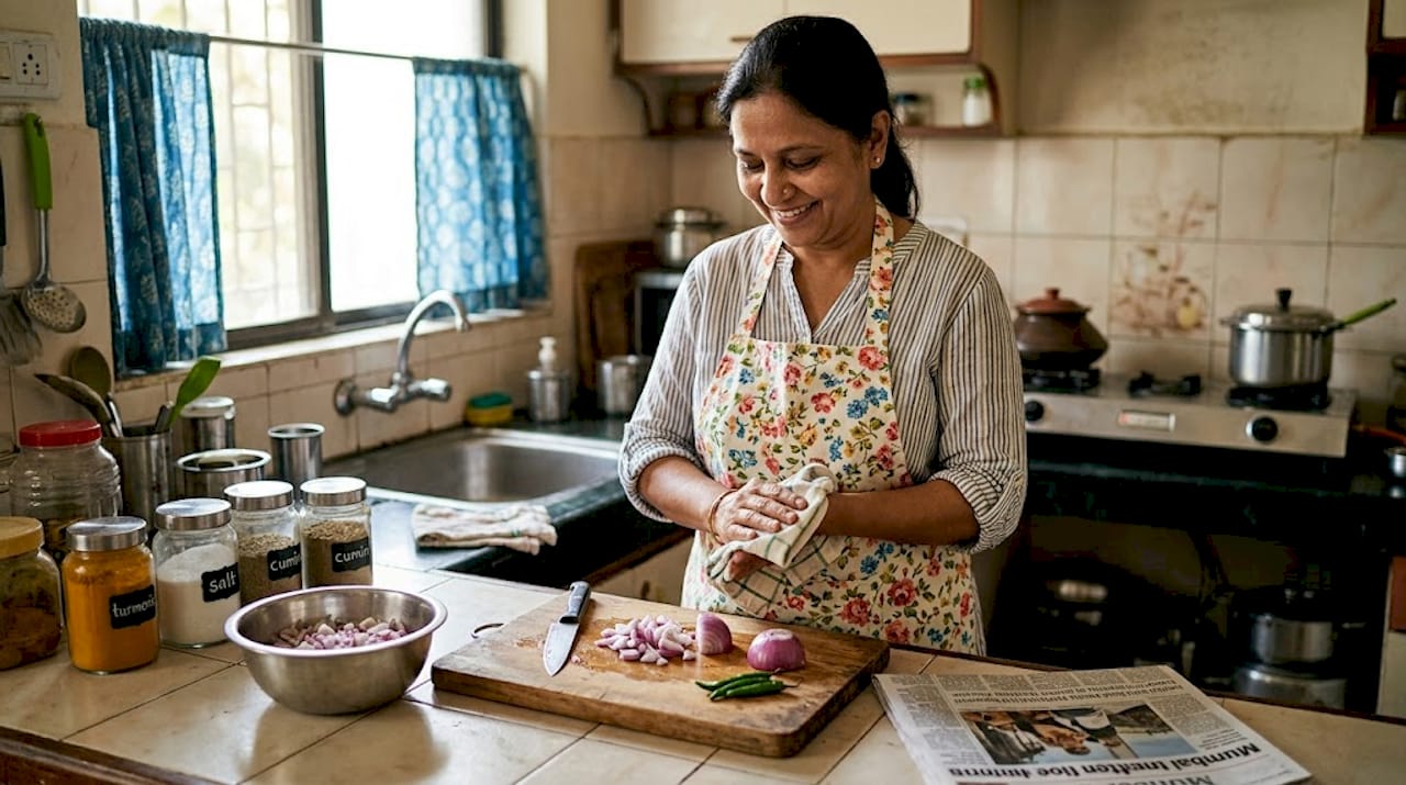 Woman prepping food in sunlit Mumbai kitchen