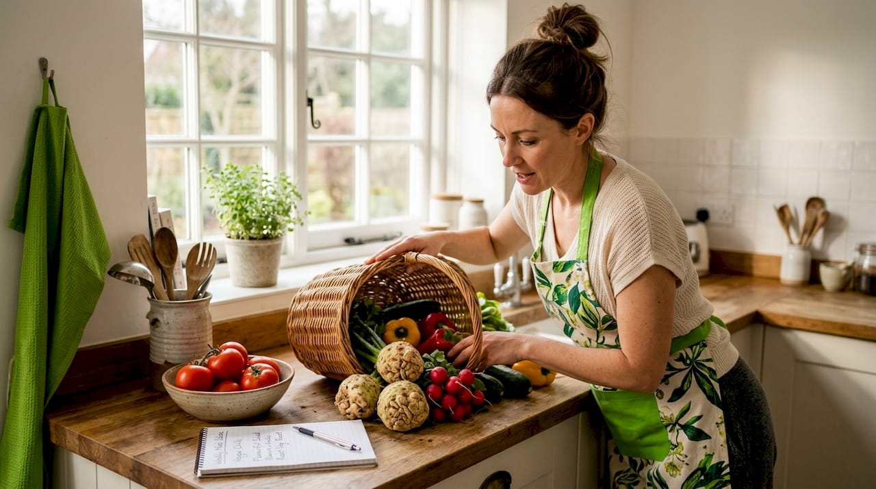 Unpacking fresh seasonal vegetables at kitchen table