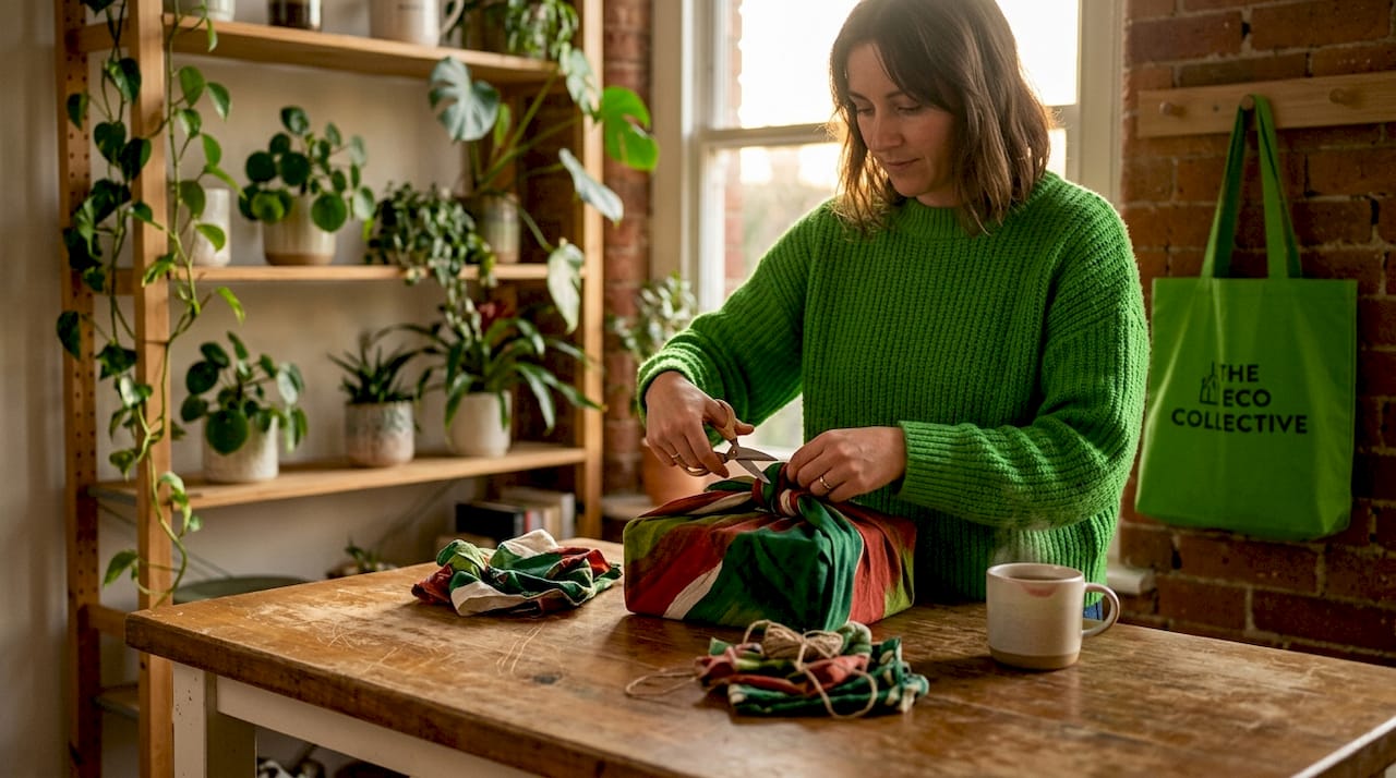 Woman wrapping a sustainable gift at home