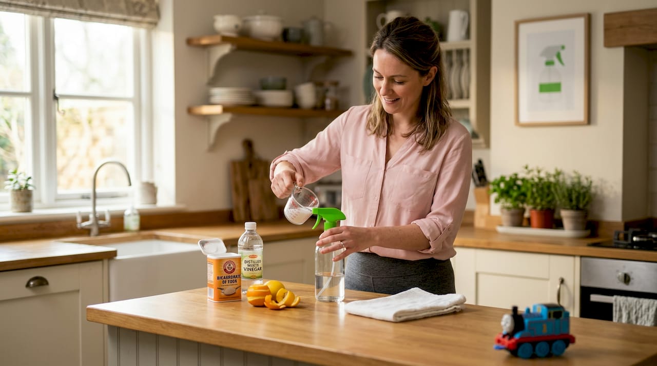 Woman preparing homemade cleaner in kitchen