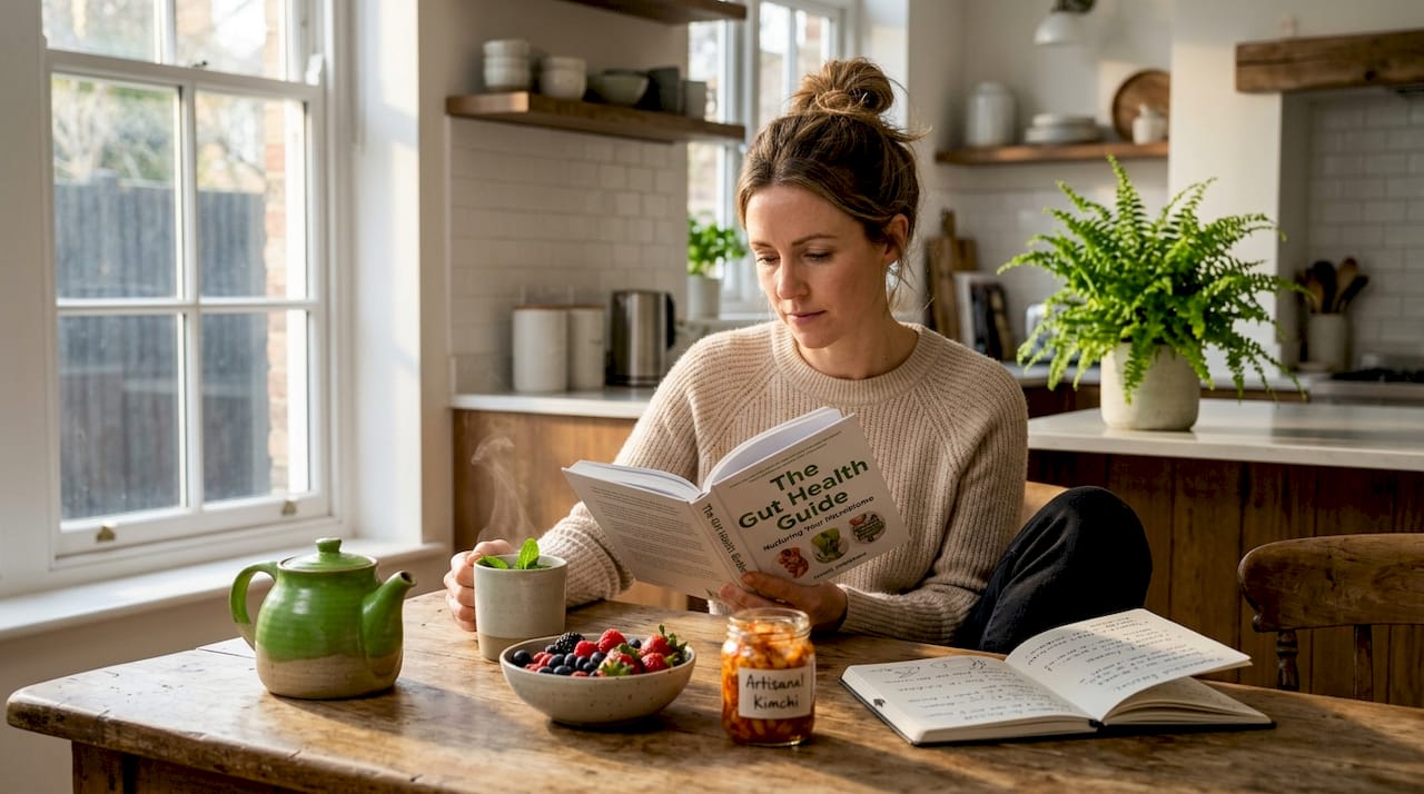Woman learning about gut health at kitchen table