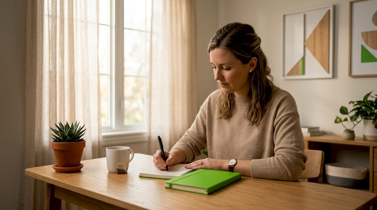 Woman writing notes in minimalist home office