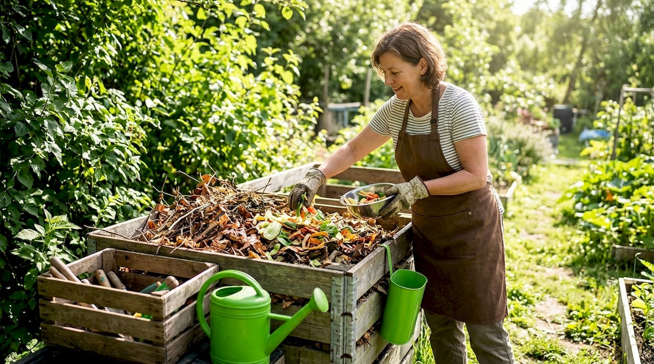 Woman adding scraps into home compost bin in backyard garden
