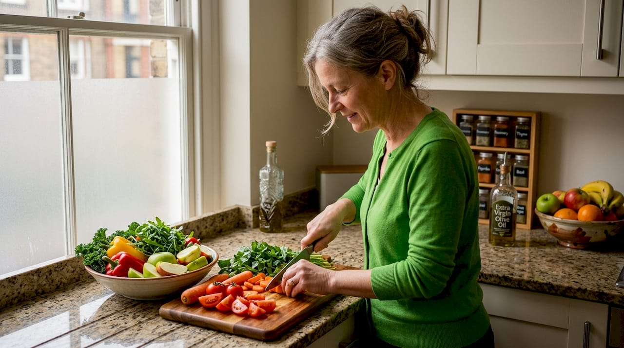 Woman preparing fresh vegetable salad in kitchen