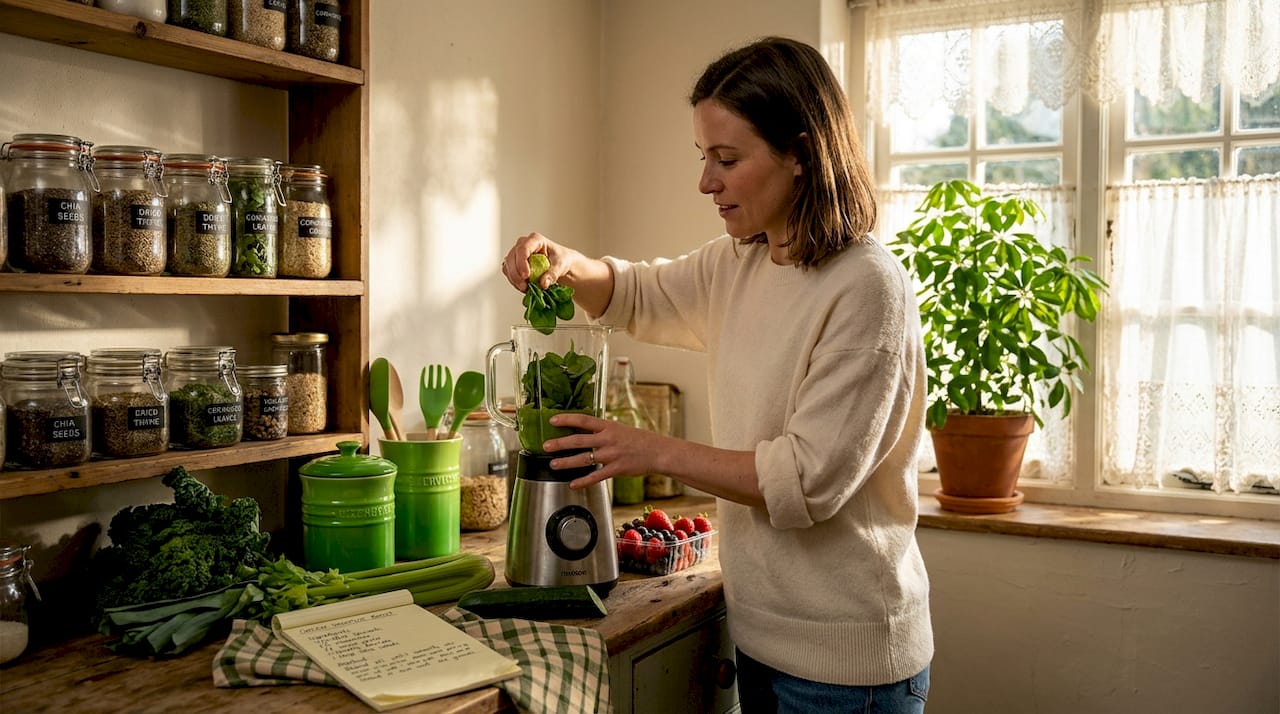 Woman making healthy green smoothie in kitchen