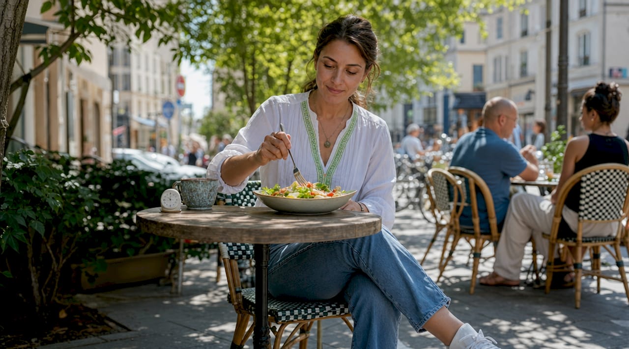 Woman practicing mindful eating at home kitchen table