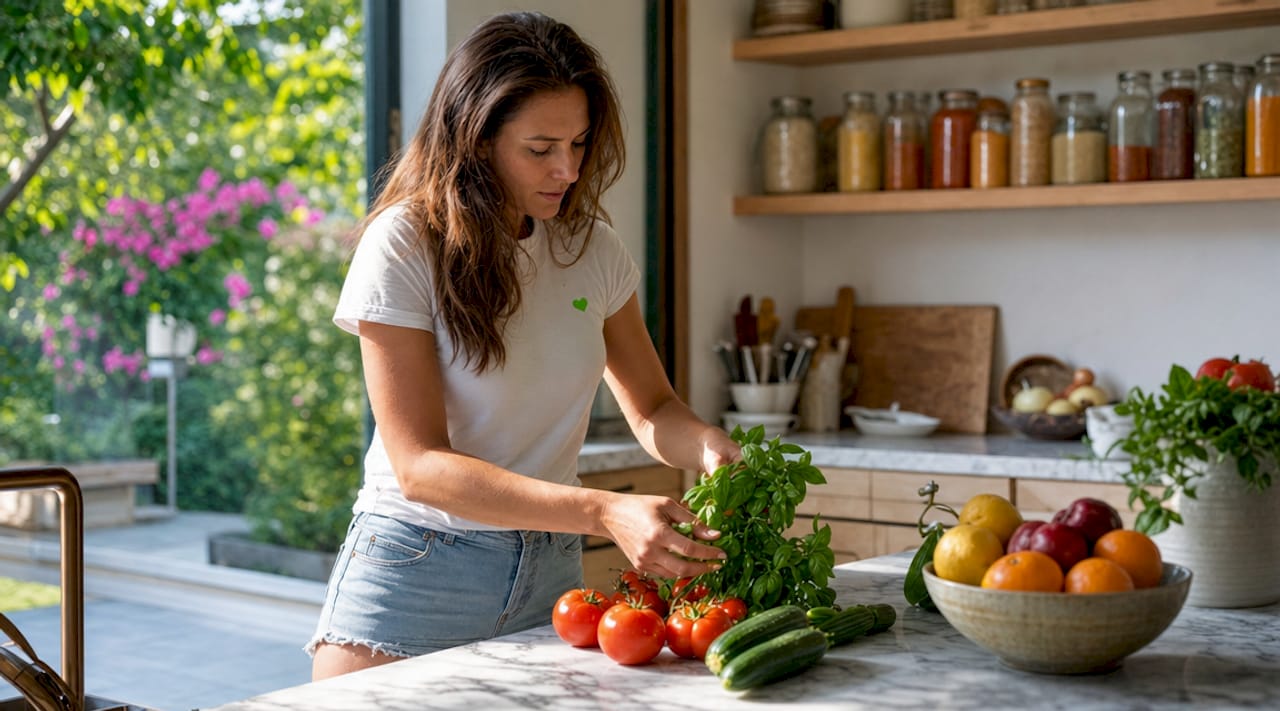 Woman selecting fresh micronutrient-rich foods in kitchen