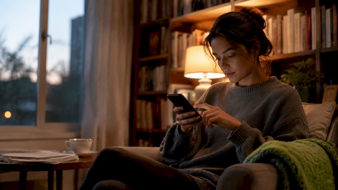 Woman adjusting phone settings in home office