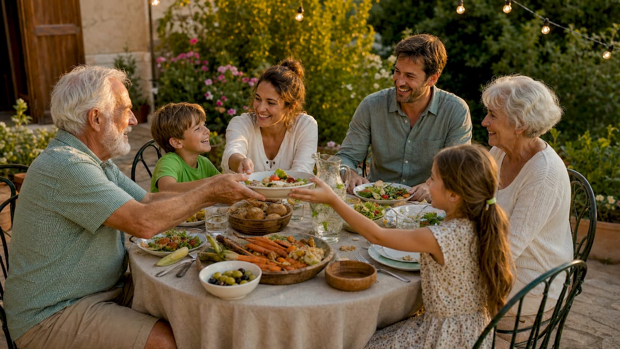 Multigenerational family sharing healthy meal