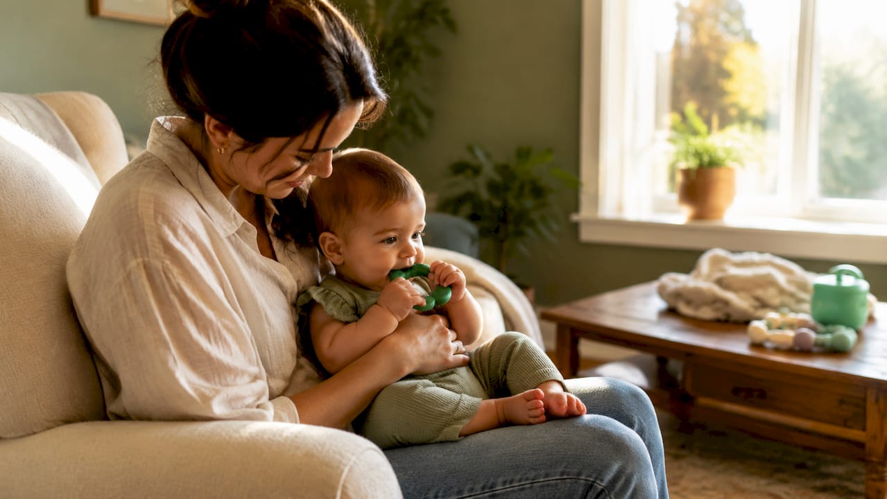 Mother comforting baby with chilled teether