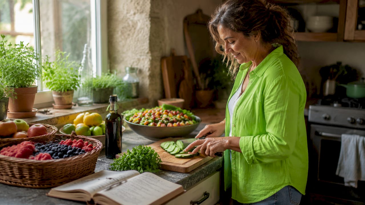 Woman preparing fresh salad in sunny kitchen