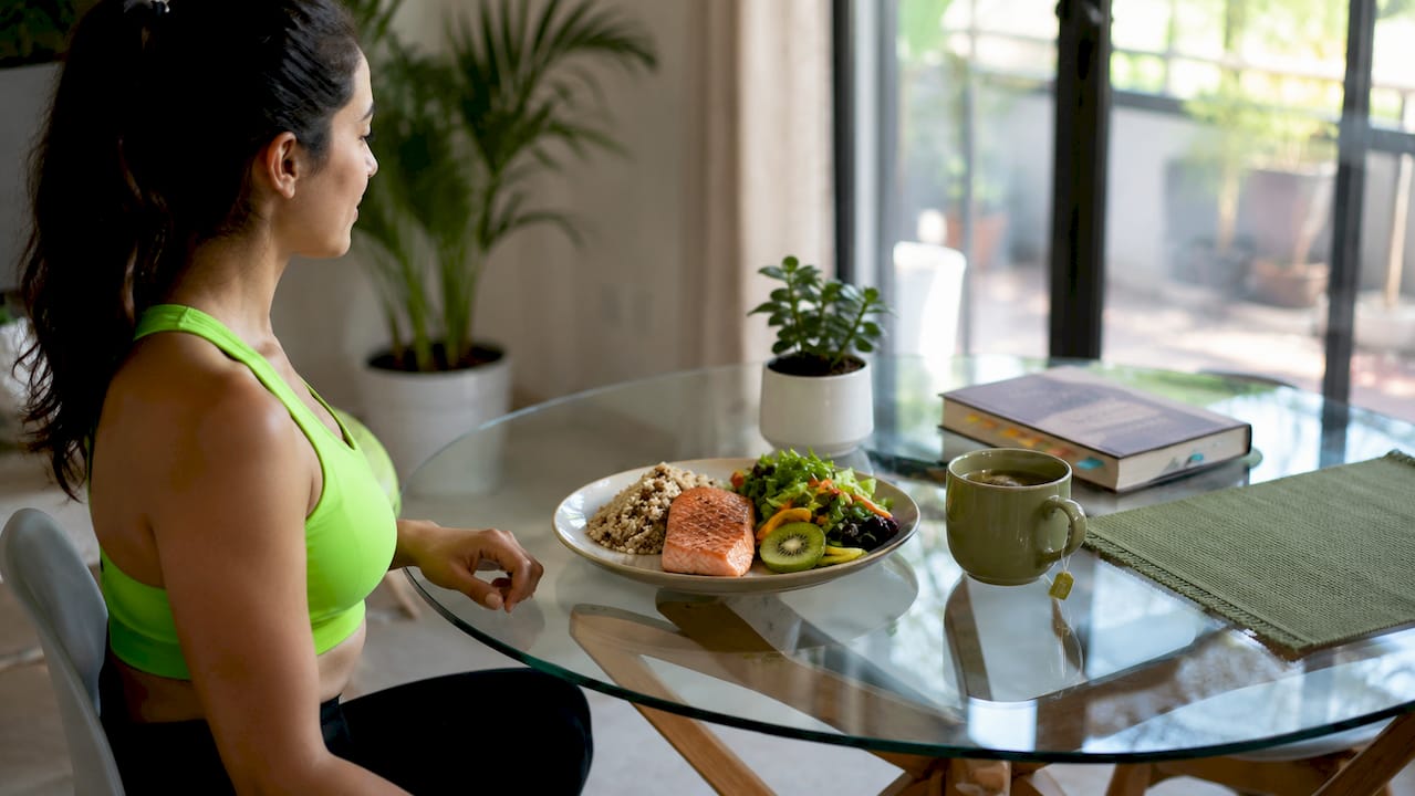 Overhead view of post-workout recovery meal plate