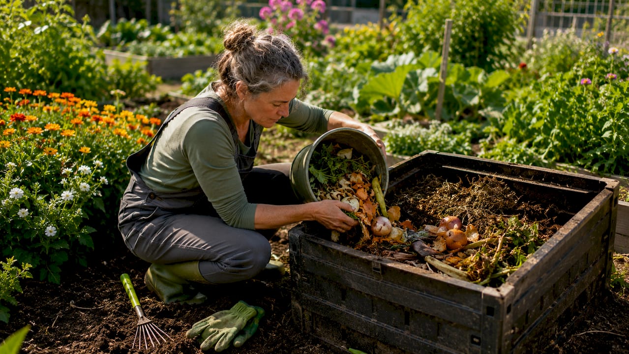 Woman layering compost in outdoor bin