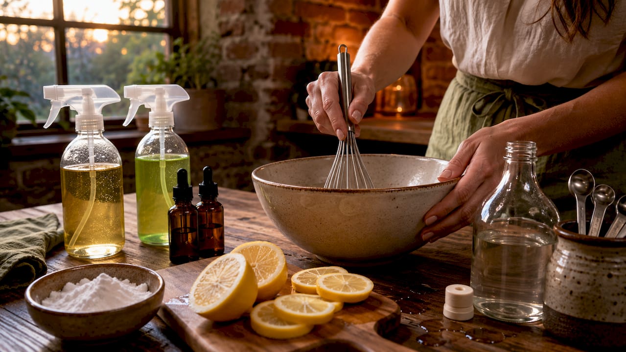 Preparing natural homemade cleaning ingredients in kitchen