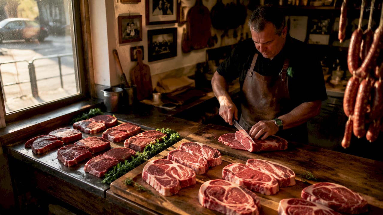Butcher preparing grass fed and grain fed beef cuts