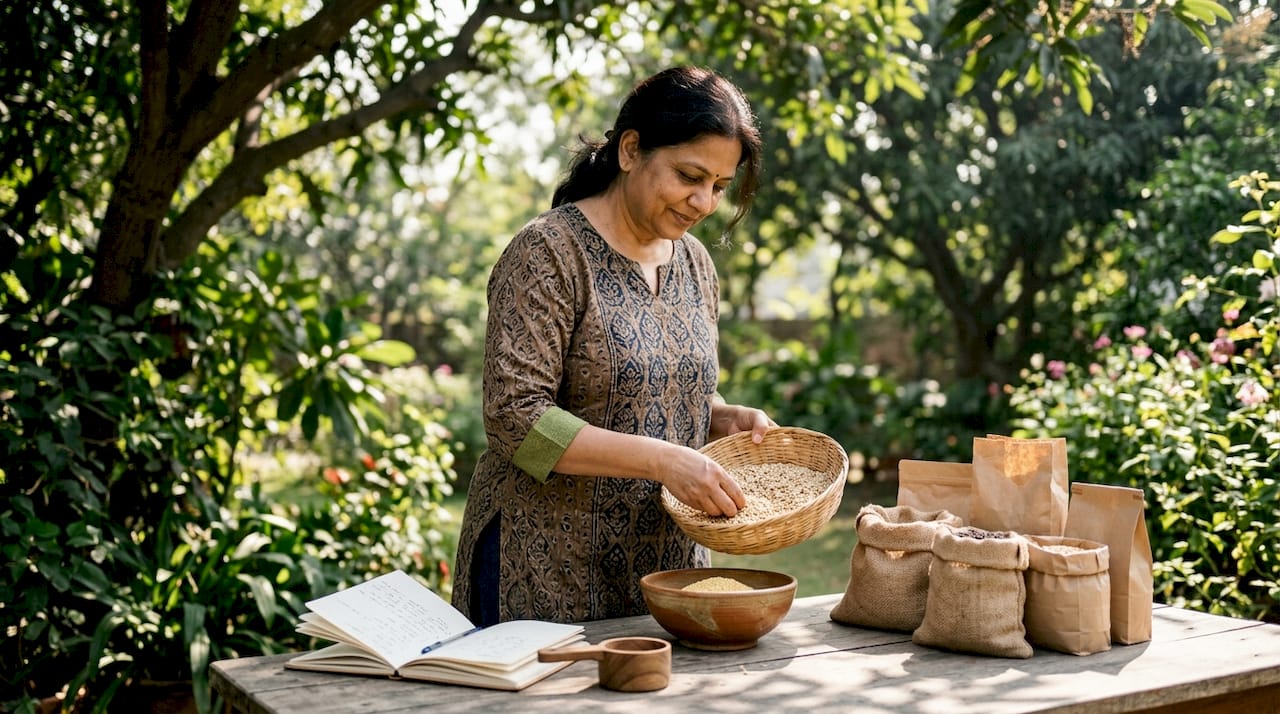 Woman scooping whole grains in kitchen