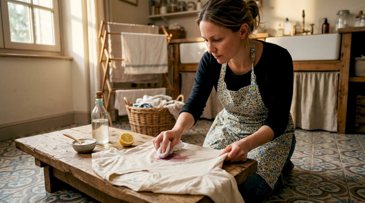 Woman using natural cleaner on shirt stain