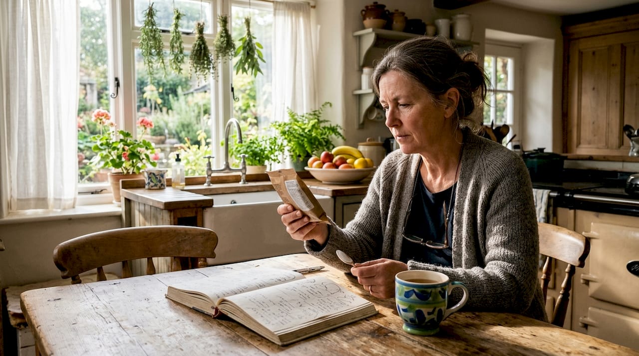 Woman reading food label at home kitchen